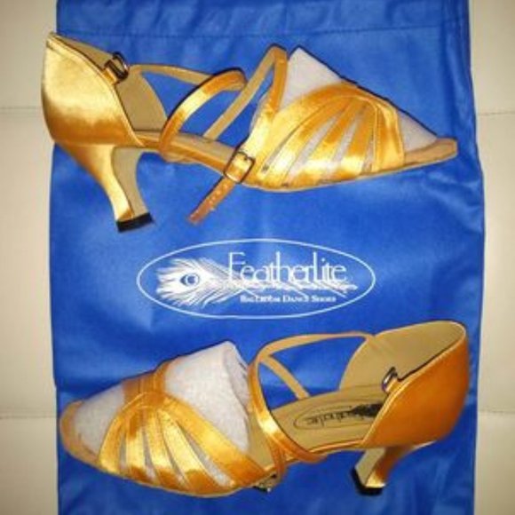 Gold and Tan Dance Heels with Strap and Pointed Toe - Picture 1 of 11
